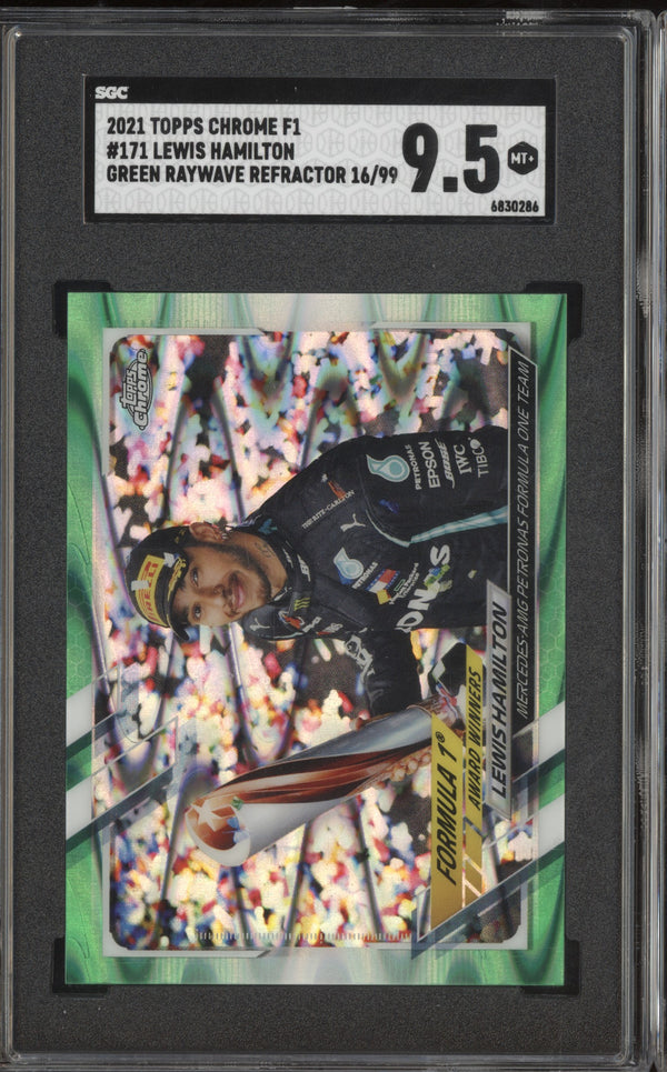 Lewis Hamilton 2021 Topps Chrome Formula One 171 Green Ray Wave 16/99 SGC 9.5