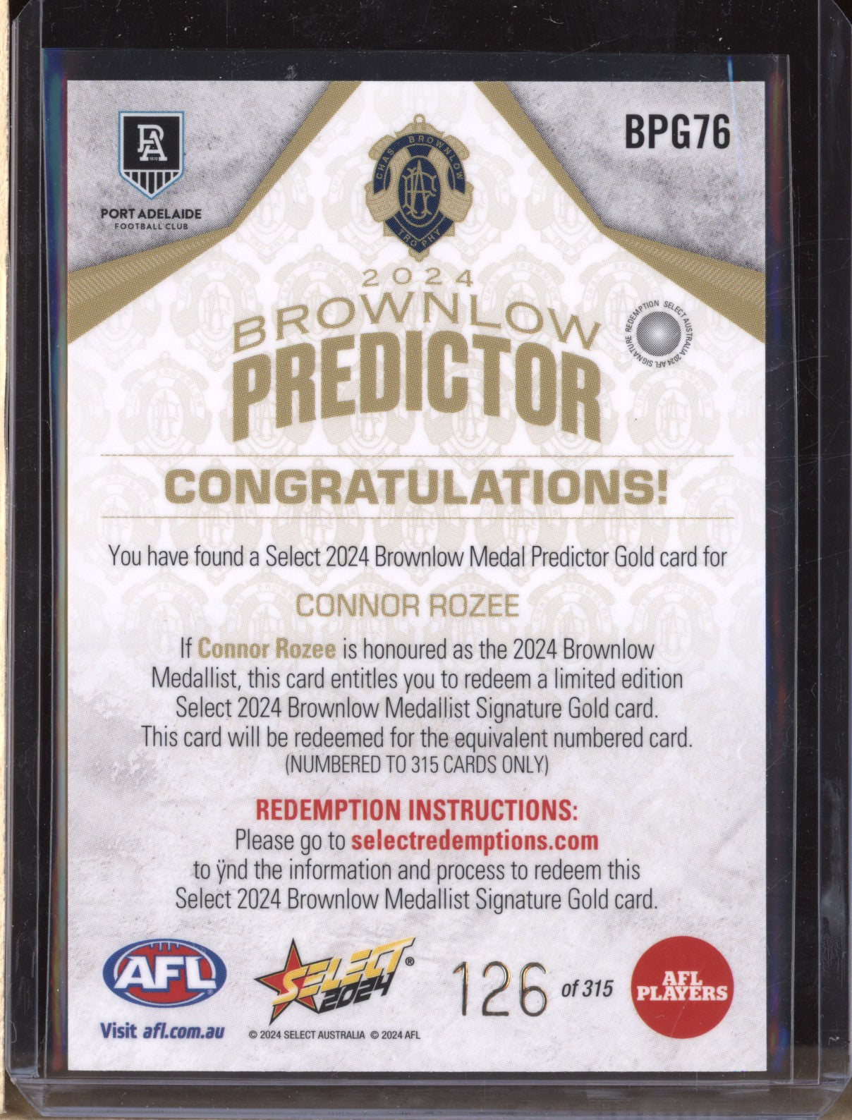 Connor Rozee 2024 Select Footy Stars BPG76 Brownlow Predictor Gold 126/315