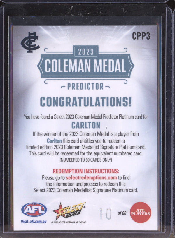 Carlton 2023 Select Footy Stars CPP3 Coleman Medal Predictor Platinum 10/60