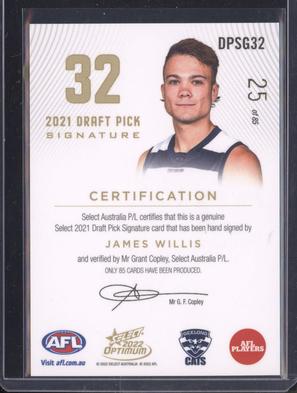 James Willis 2022 Select Optimum DPSG32 Draft Pick Signature Gold RC 25/85