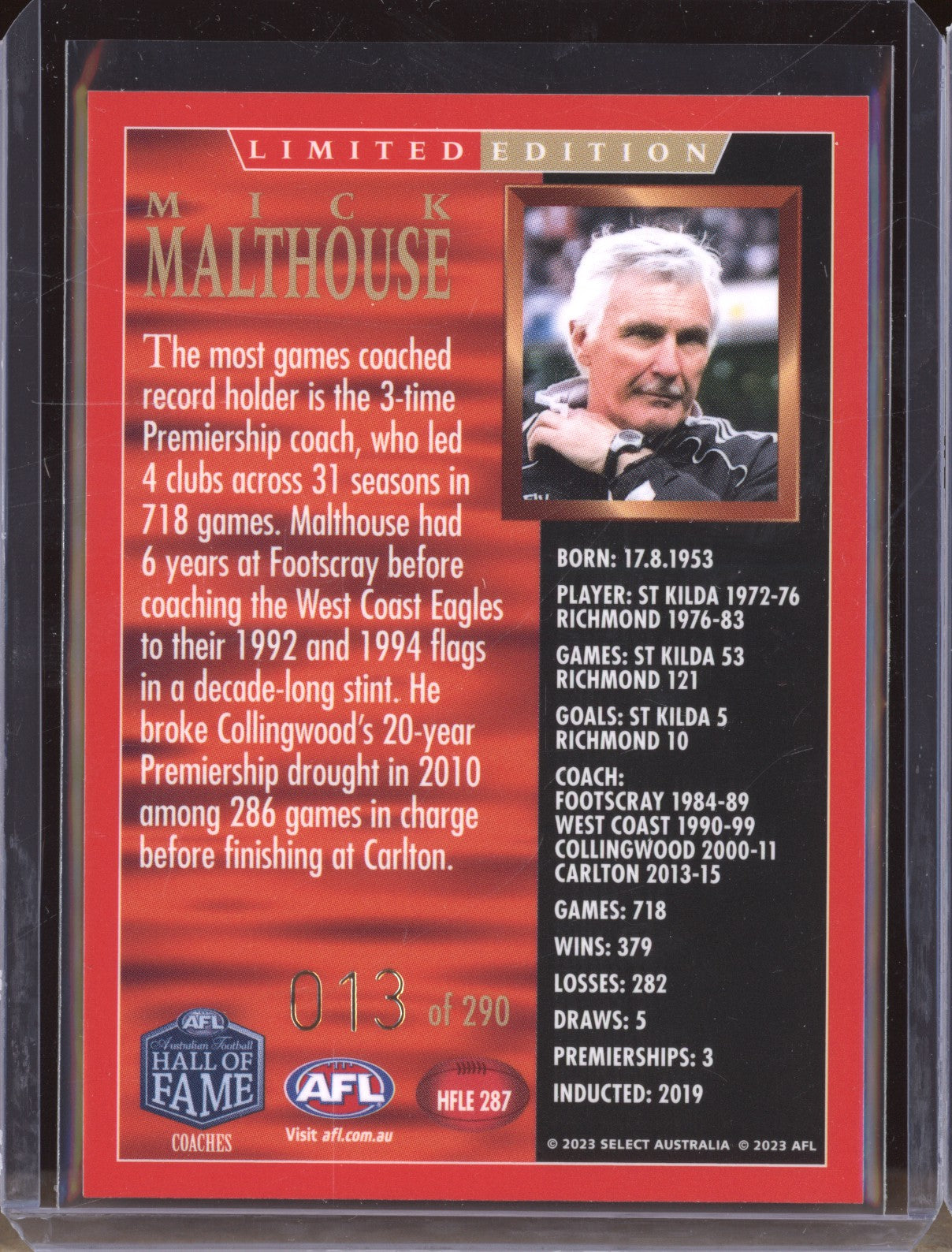 Mick Malthouse 2023 Select Legacy Hall of Fame Inductees Limited Edition 13/290