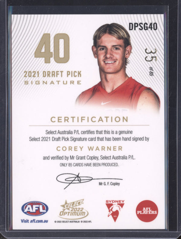 Corey Warner 2022 Select Optimum DPSG40 Draft Pick Signature Gold RC 35/85