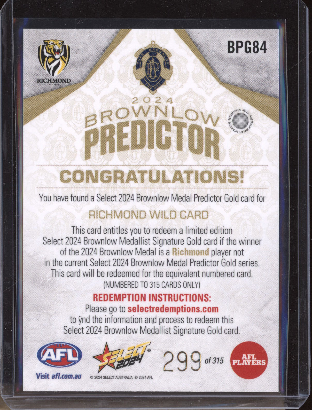 Richmond Wild Card 2024 Select Footy Stars BPG84 Brownlow Predictor Gold 299/315