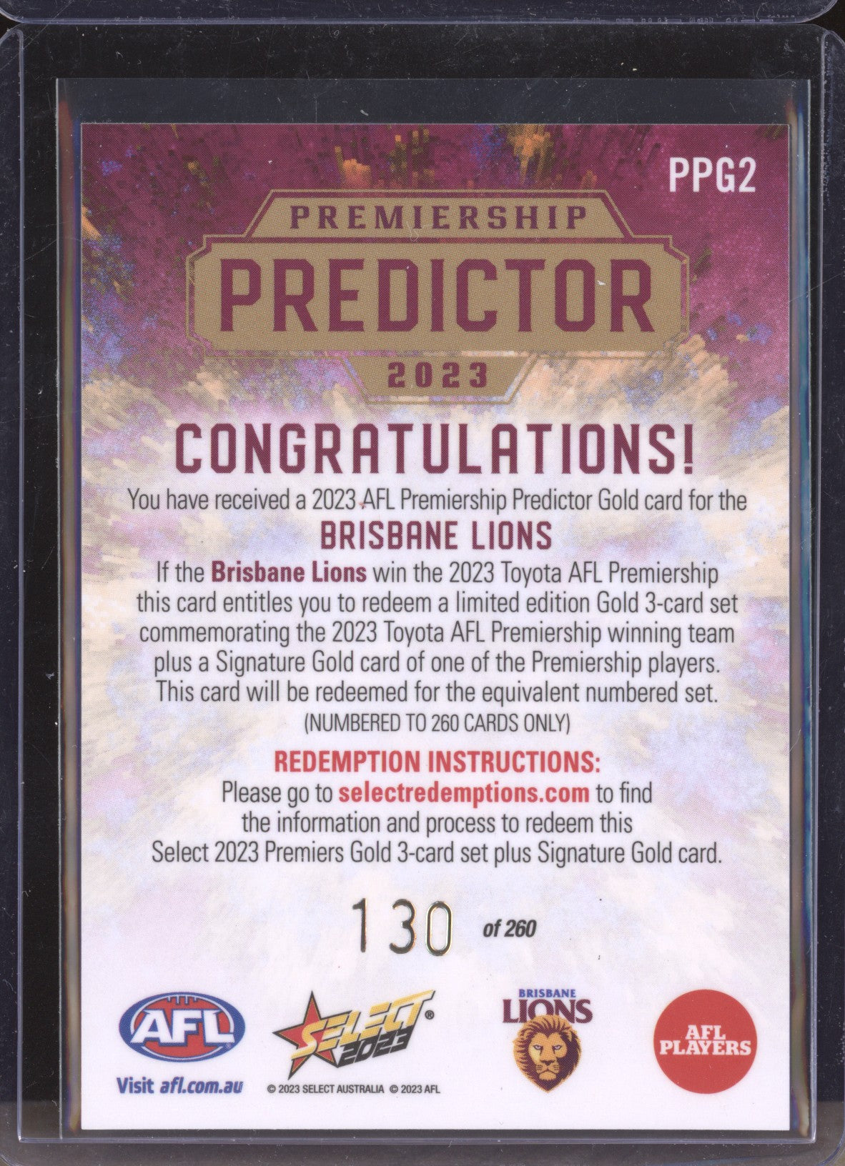 Brisbane Lions 2023 Select Footy Stars PPG2 Premiership Predictor Gold 130/260