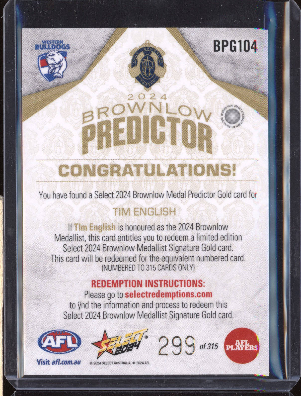 Tim English 2024 Select Footy Stars BPG104 Brownlow Predictor Gold 299/315