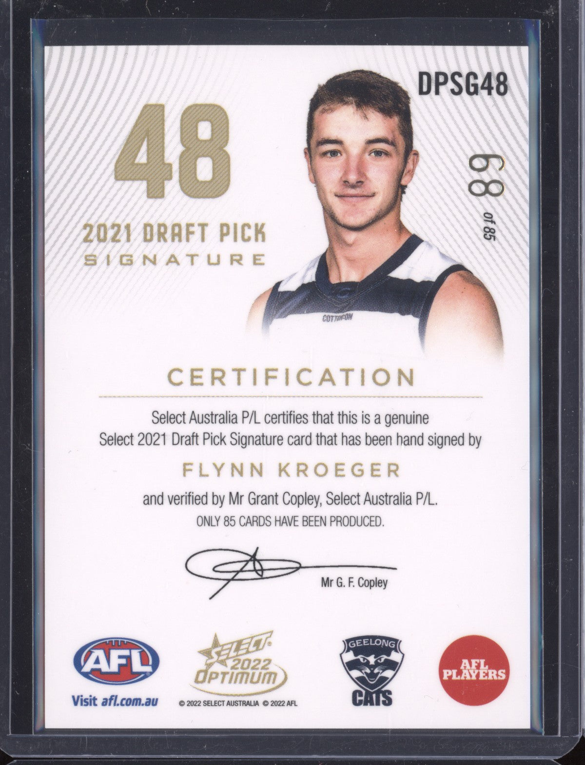 Flynn Kroeger 2022 Select Optimum DPSG48 Draft Pick Signature Gold RC 68/85