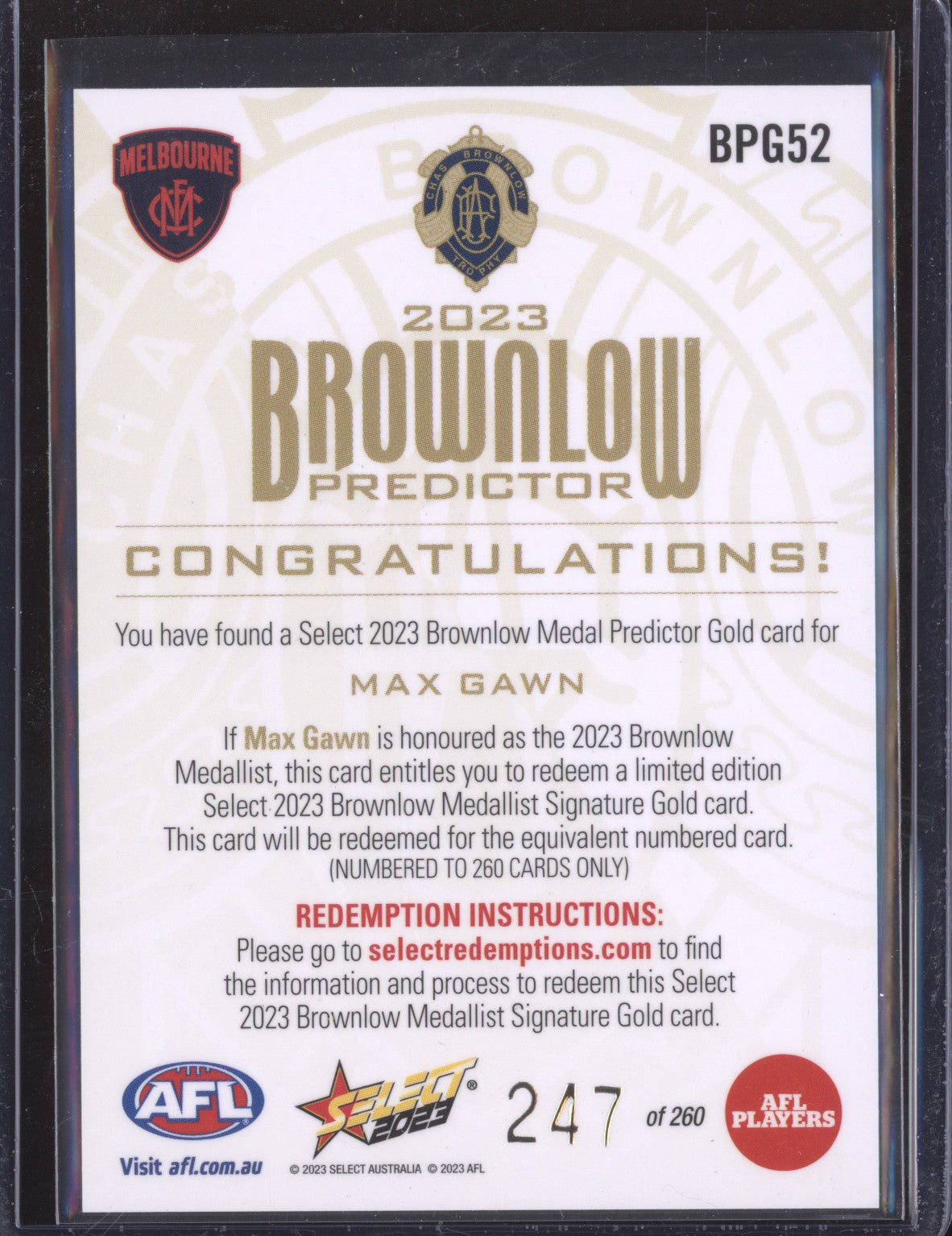 Max Gawn 2023 Select Footy Stars BPG52 Brownlow Predictor Gold 247/260