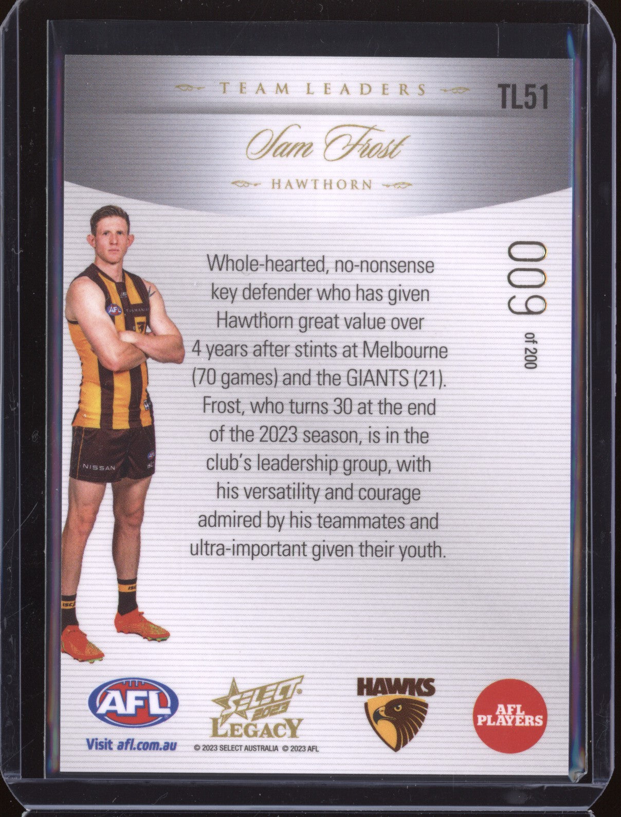 Sam Frost 2023 Select Legacy AFL TL51 Team Leaders Low 009/200