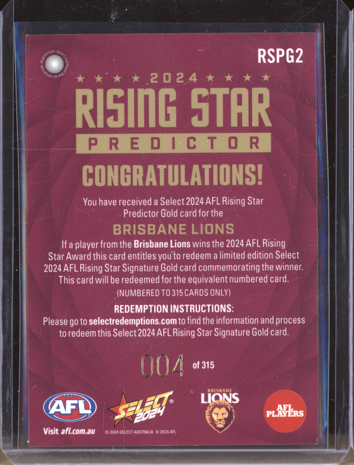 Brisbane Lions 2024 Select Footy Stars Rising Star Predictor Gold Low 004/315