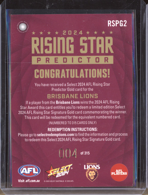 Brisbane Lions 2024 Select Footy Stars Rising Star Predictor Gold Low 004/315