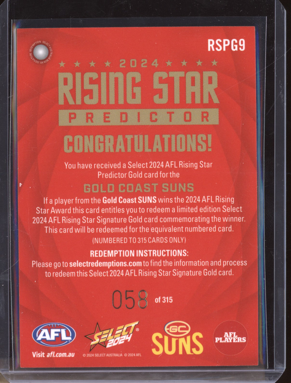 Gold Coast 2024 Select Footy Stars RSPG9 Rising Star Predictor Gold 58/315