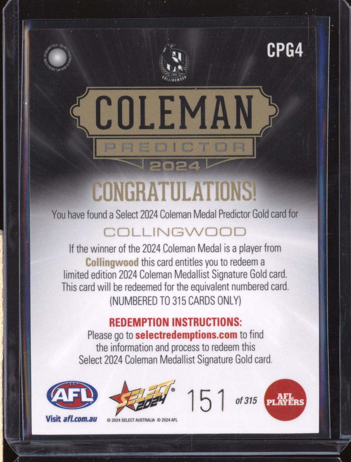 Collingwood 2024 Select Footy Stars CPG4 Coleman Predictor Gold 151/315