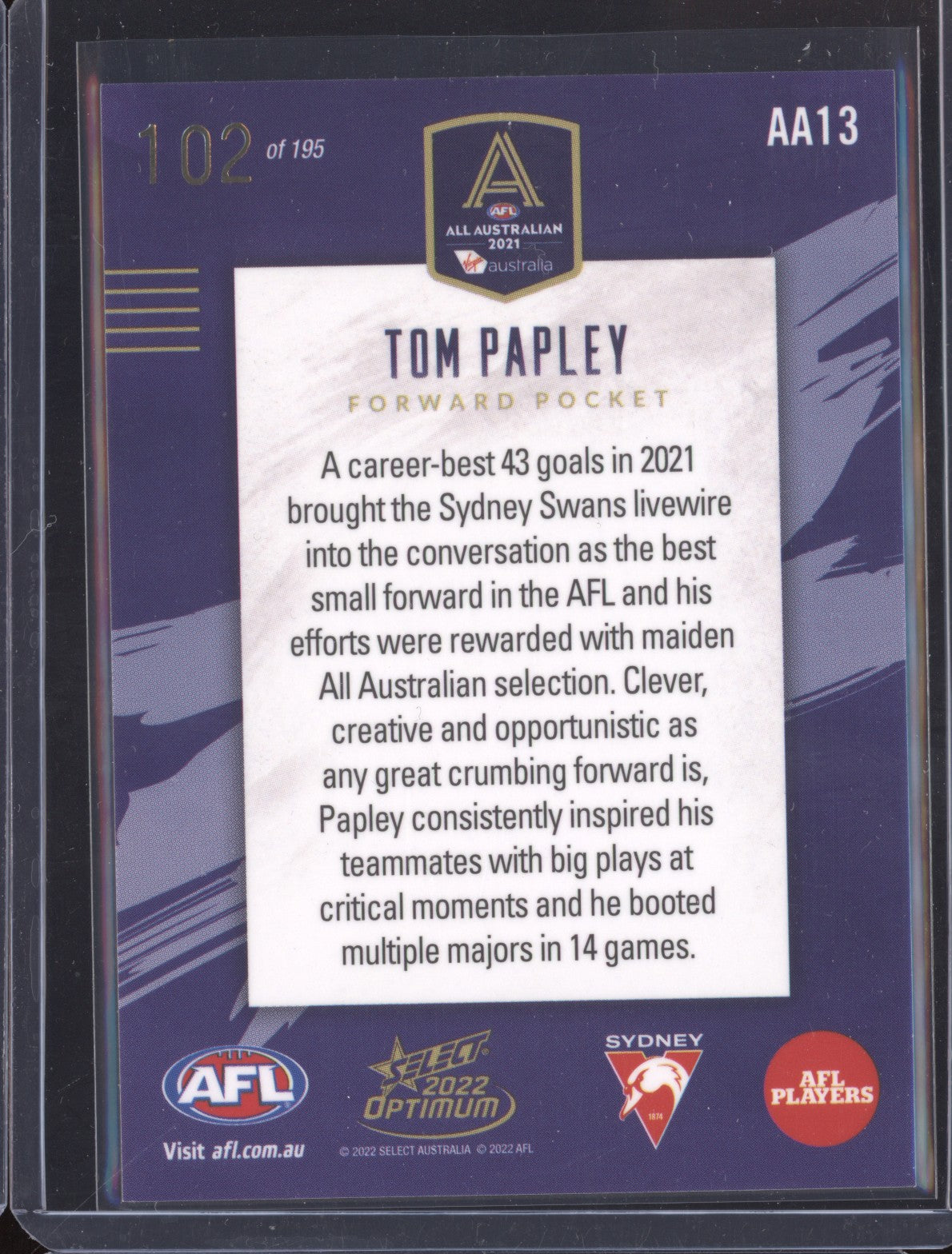 Tom Papley 2022 Select Optimum AA13 2021 All Australian 102/195