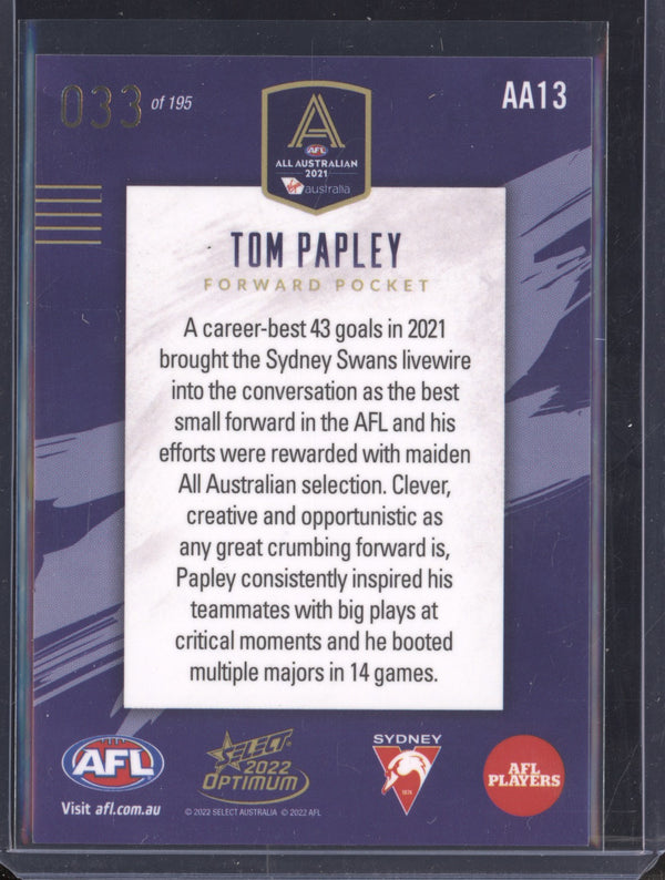 Tom Papley 2022 Select Optimum AA13 2021 All Australian 33/195