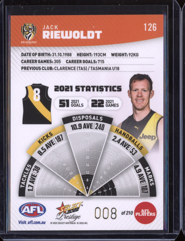 Jack Riewoldt 2022 Select Footy Stars Prestige Orange - Jumper Number 008/210