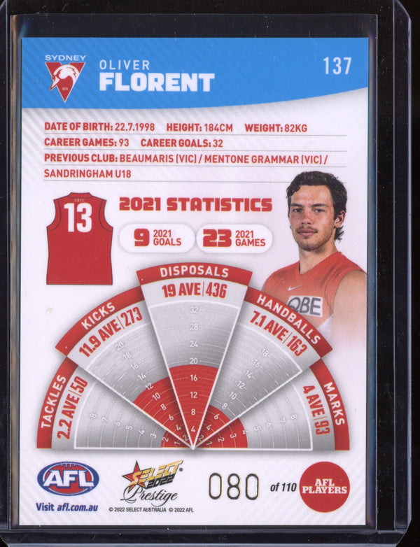 Oliver Florent 2022 Select Footy Stars Prestige Blue 80/110