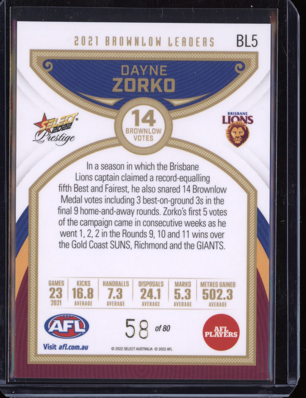 Dayne Zorko 2022 Select Footy Stars Prestige Brownlow Leaders 58/60