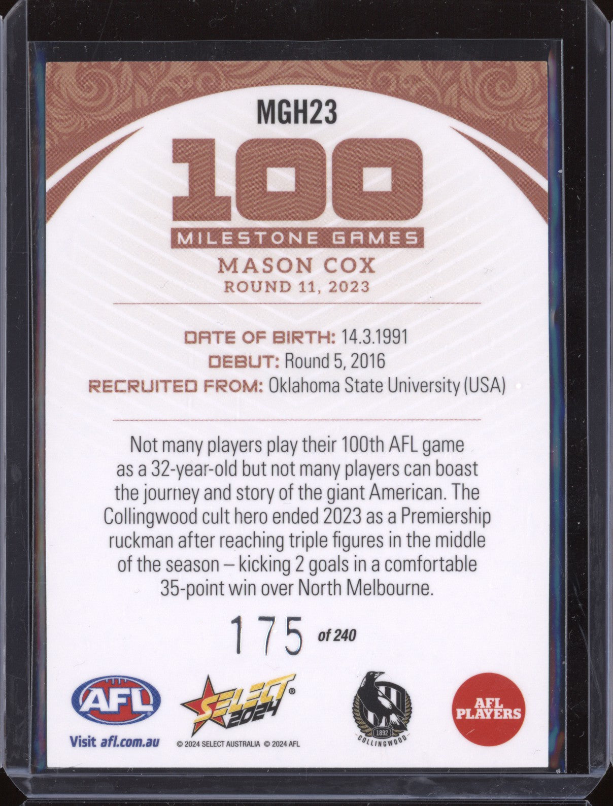 Mason Cox 2024 Select Footy Stars MGH23 Milestone Games Hobby 175/240