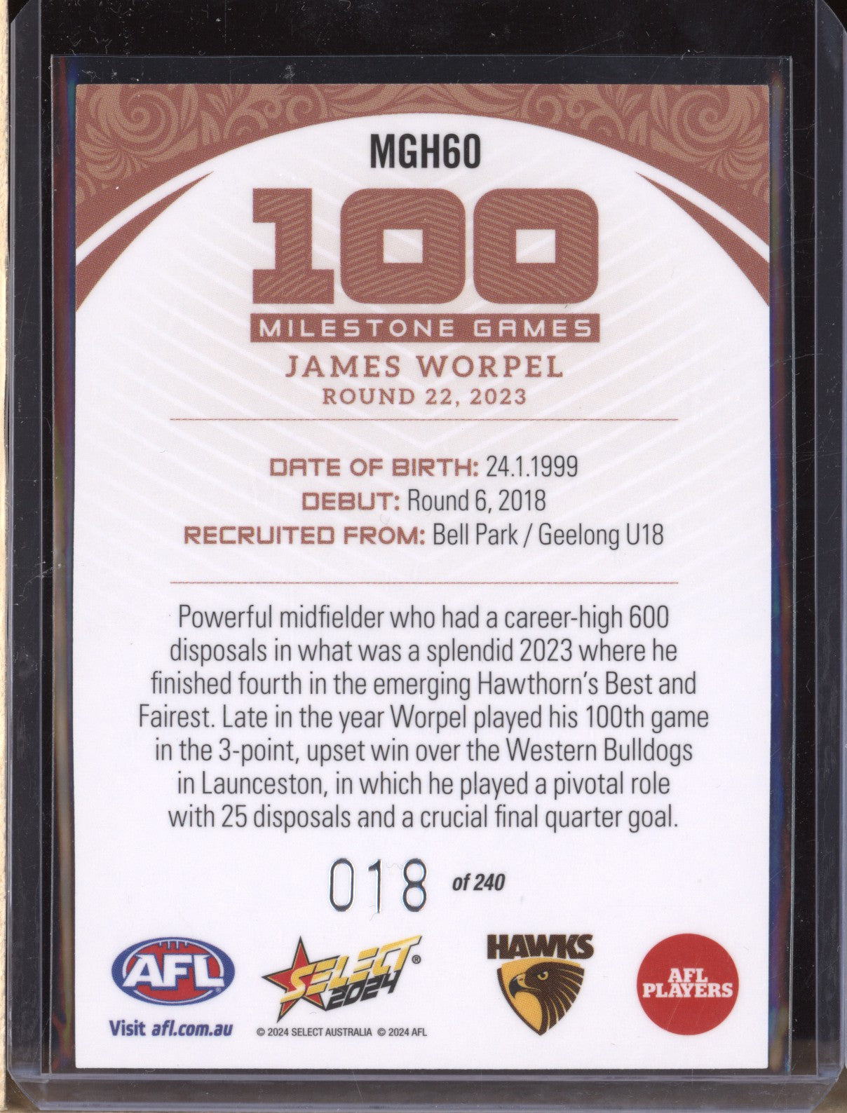 James Worpel 2024 Select Footy Stars MGH60 Milestone Games Hobby 18/240