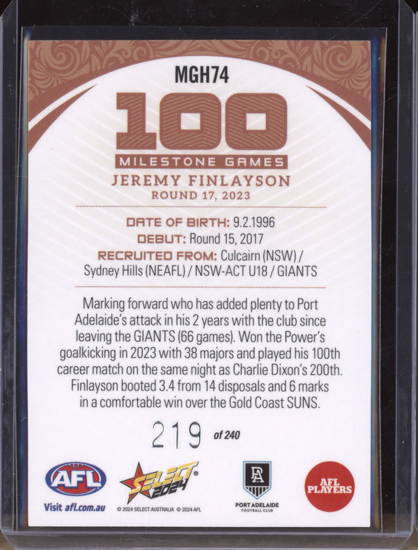 Jeremy Finlayson 2024 Select Footy Stars MGH74 Milestone Games Hobby 219/240