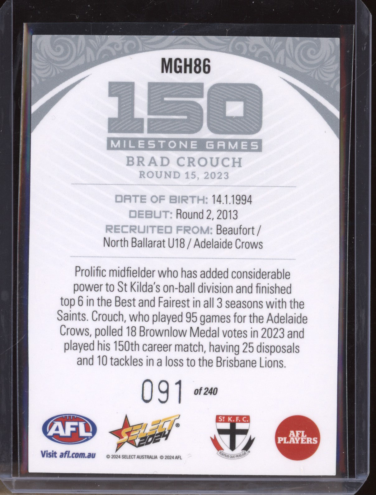 Brad Crouch 2024 Select Footy Stars MGH86 Milestone Games Hobby 91/240