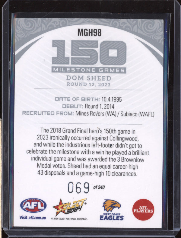 Dom Sheed 2024 Select Footy Stars MGH98 Milestone Games Hobby 69/240