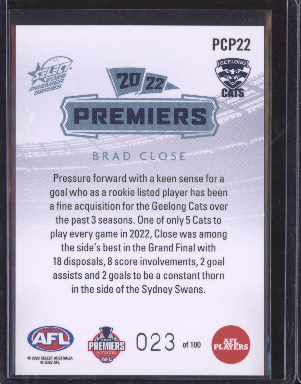 Brad Close 2022 Select Premier Series PCP22 23/100