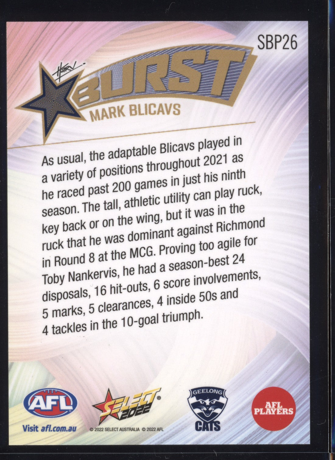 Mark Blicavs 2022 Select Footy Stars Starburst Paint