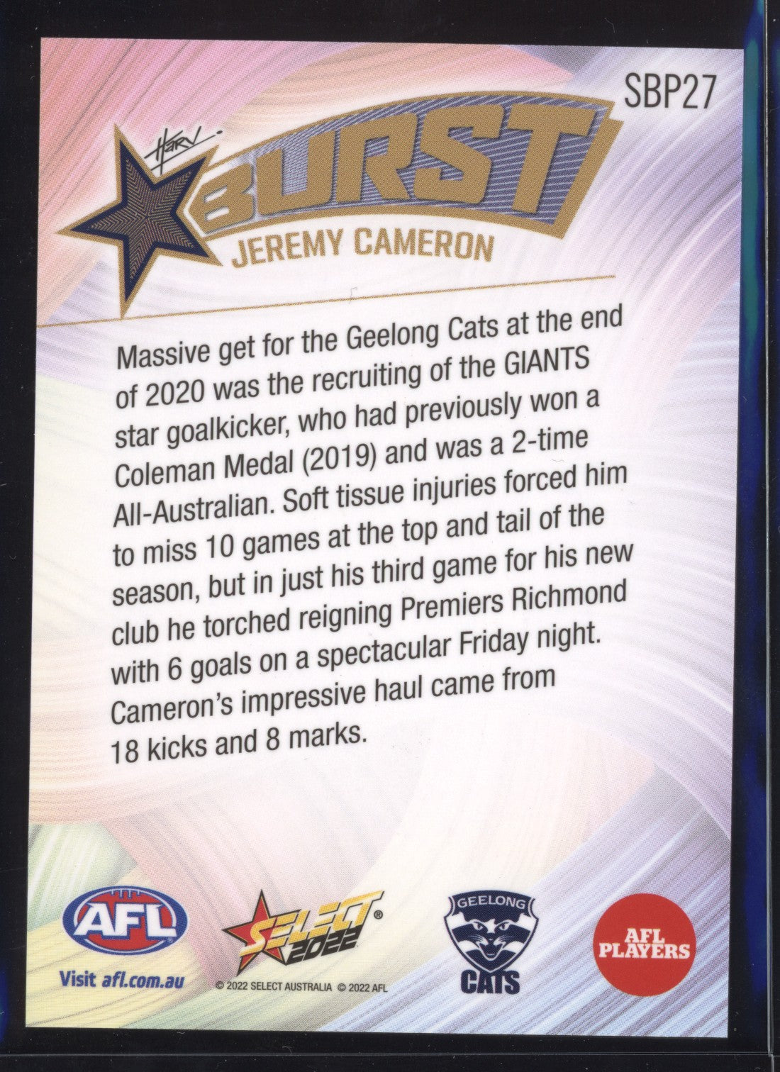 Jeremy Cameron 2022 Select Footy Stars Starburst Paint