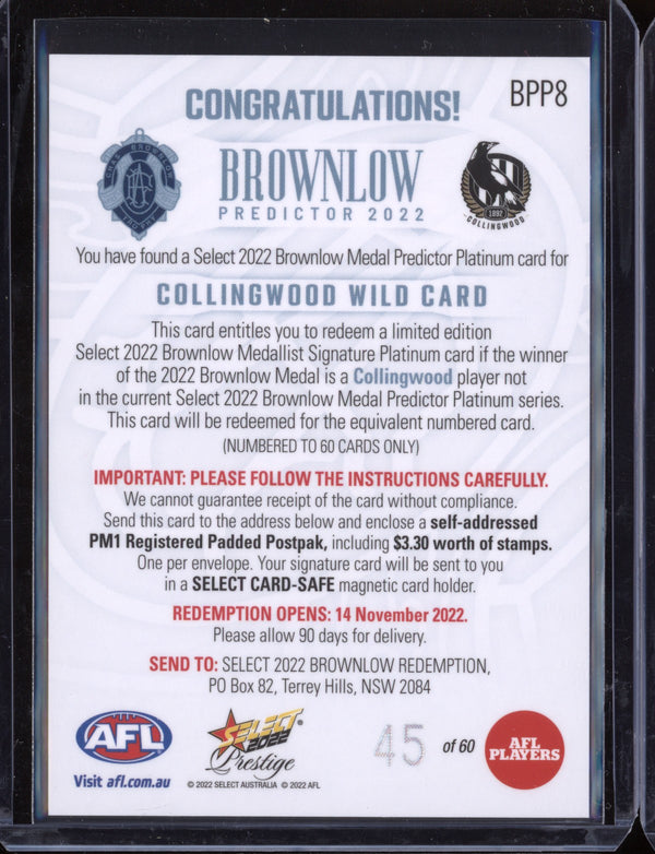 Collingwood  2022 Select Prestige  Platinum Brownlow Wildcard 45/60