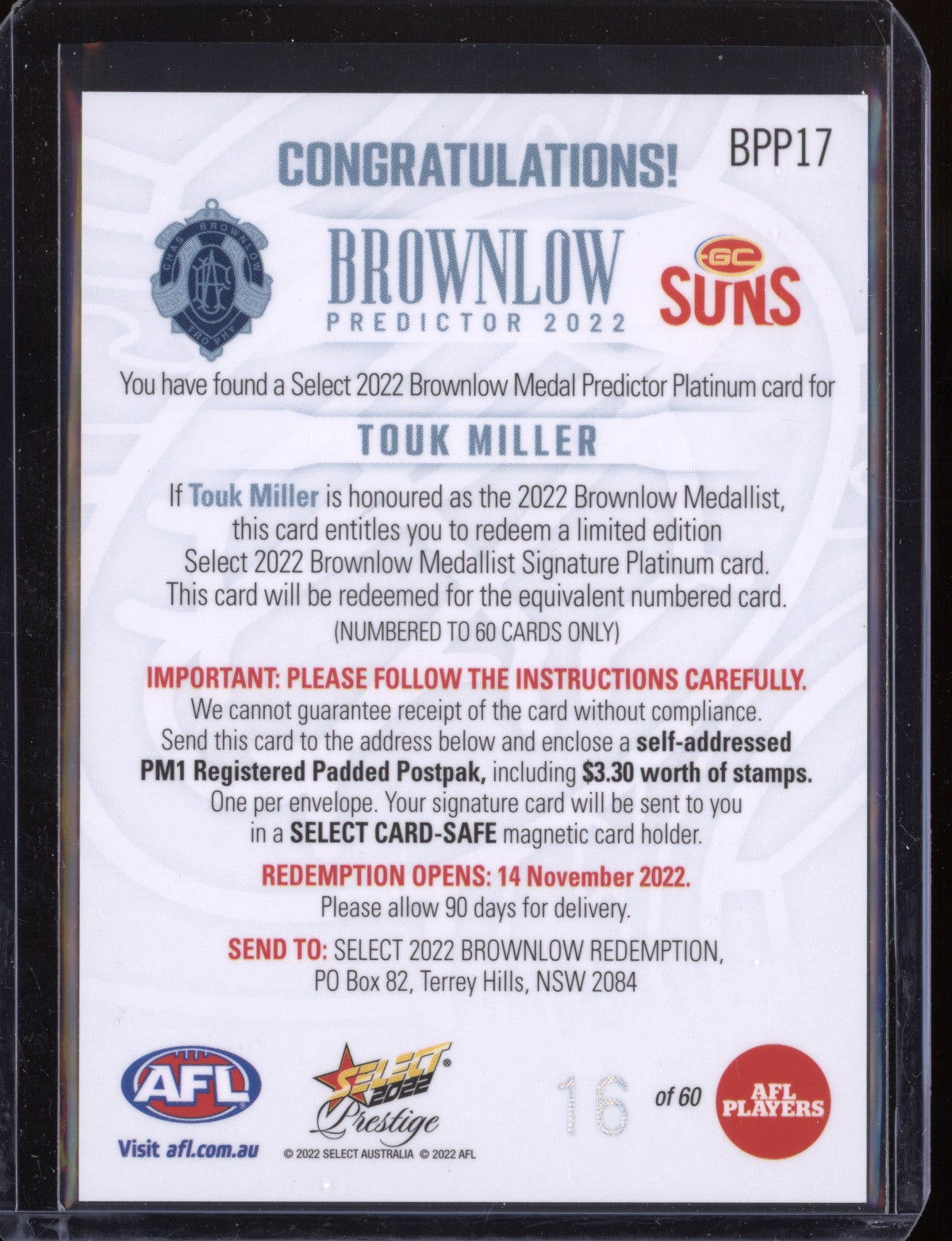 Touk Miller 2022 Select Prestige  Platinum Brownlow 16/60