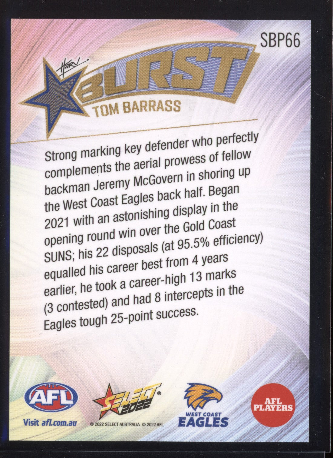 Tom Barrass 2022 Select Footy Stars Starburst Paint