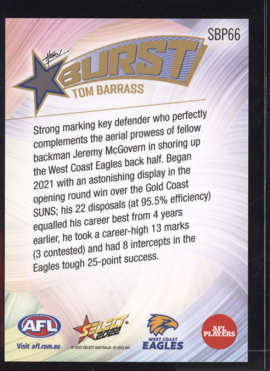 Tom Barrass 2022 Select Footy Stars Starburst Paint