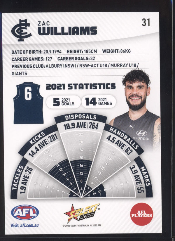 Zac Williams 2022 AFL- Select Footy Stars Gold Seal