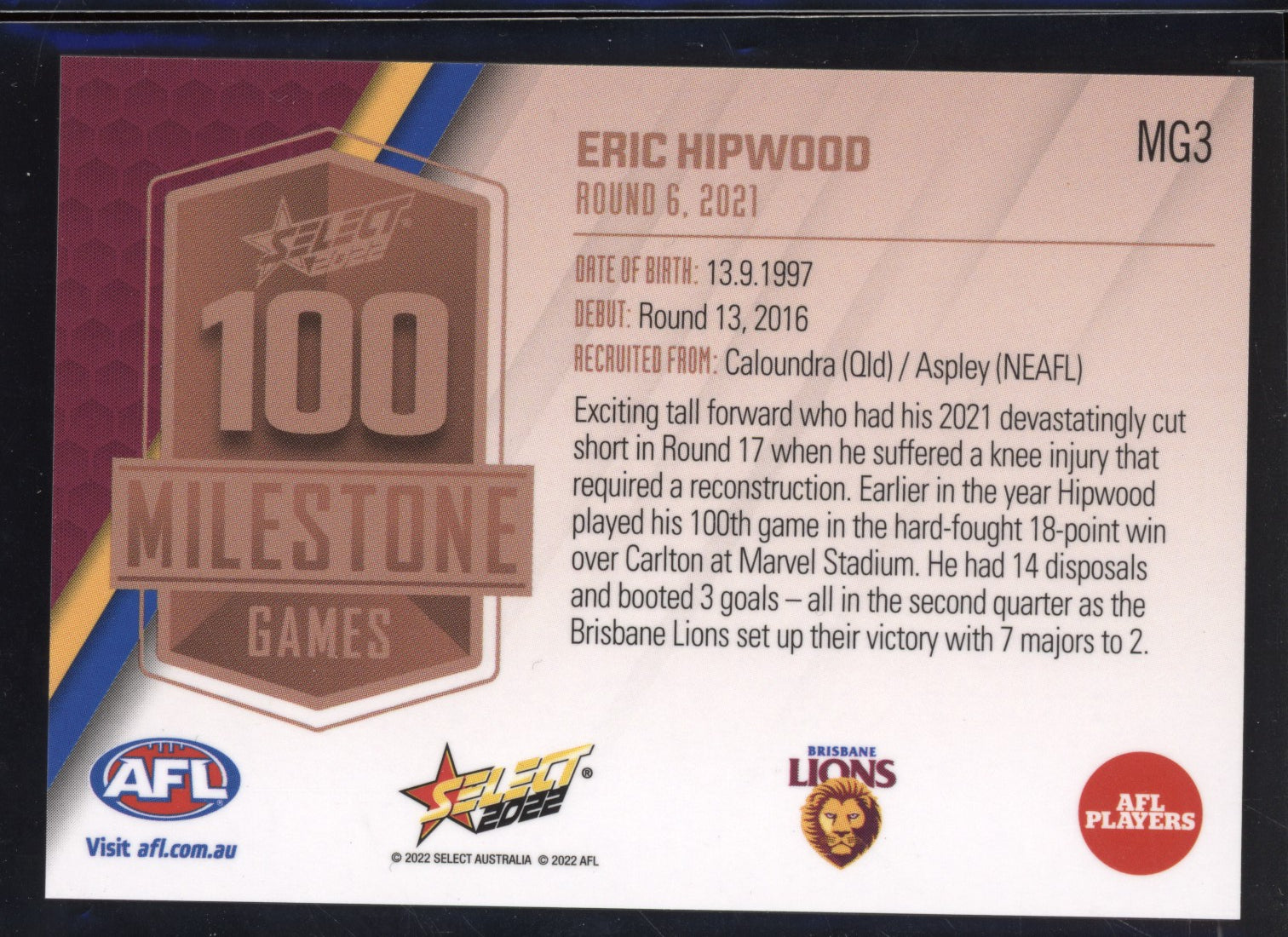 Eric Hipwood 2022 Select Footy Stars 100 Game Milestone