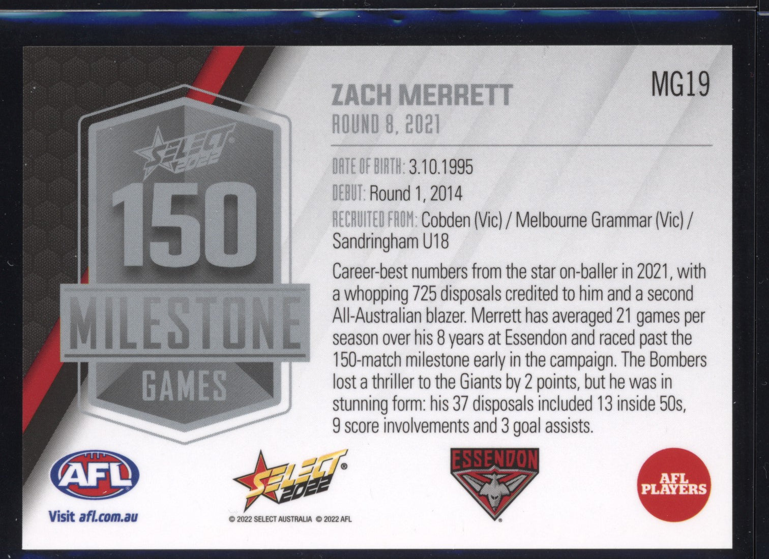 Zach Merrett 2022 Select Footy Stars 150 Game Milestone