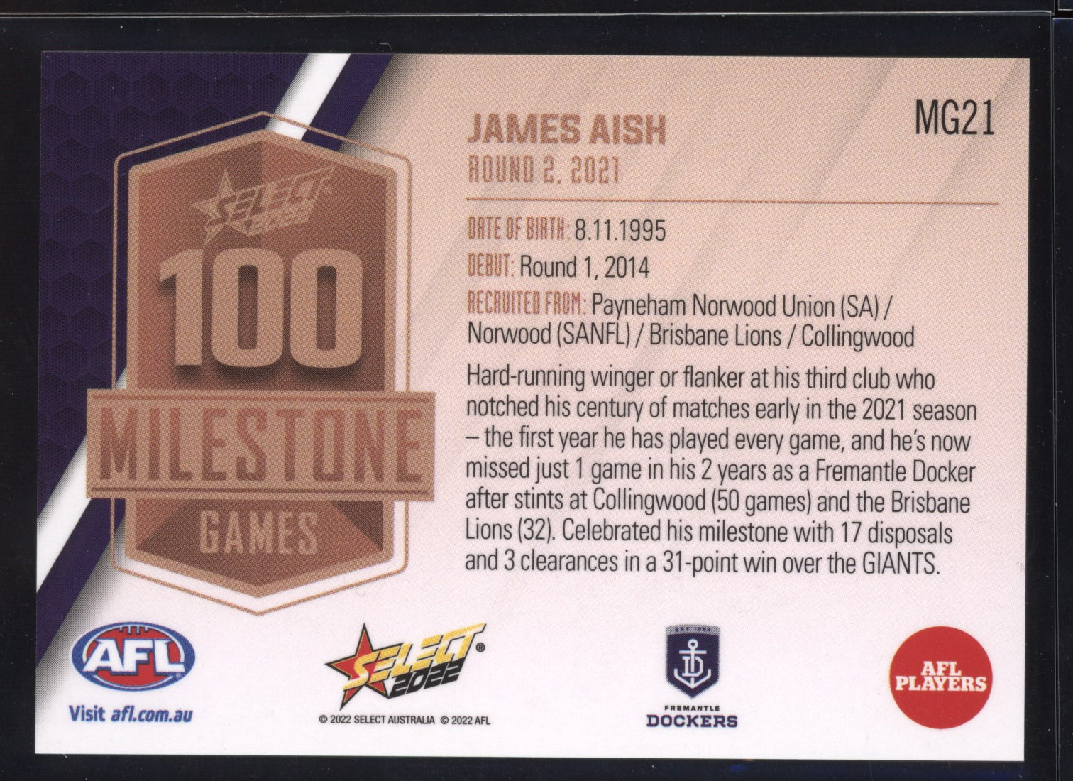 James Aish 2022 Select Footy Stars 100 Game Milestone