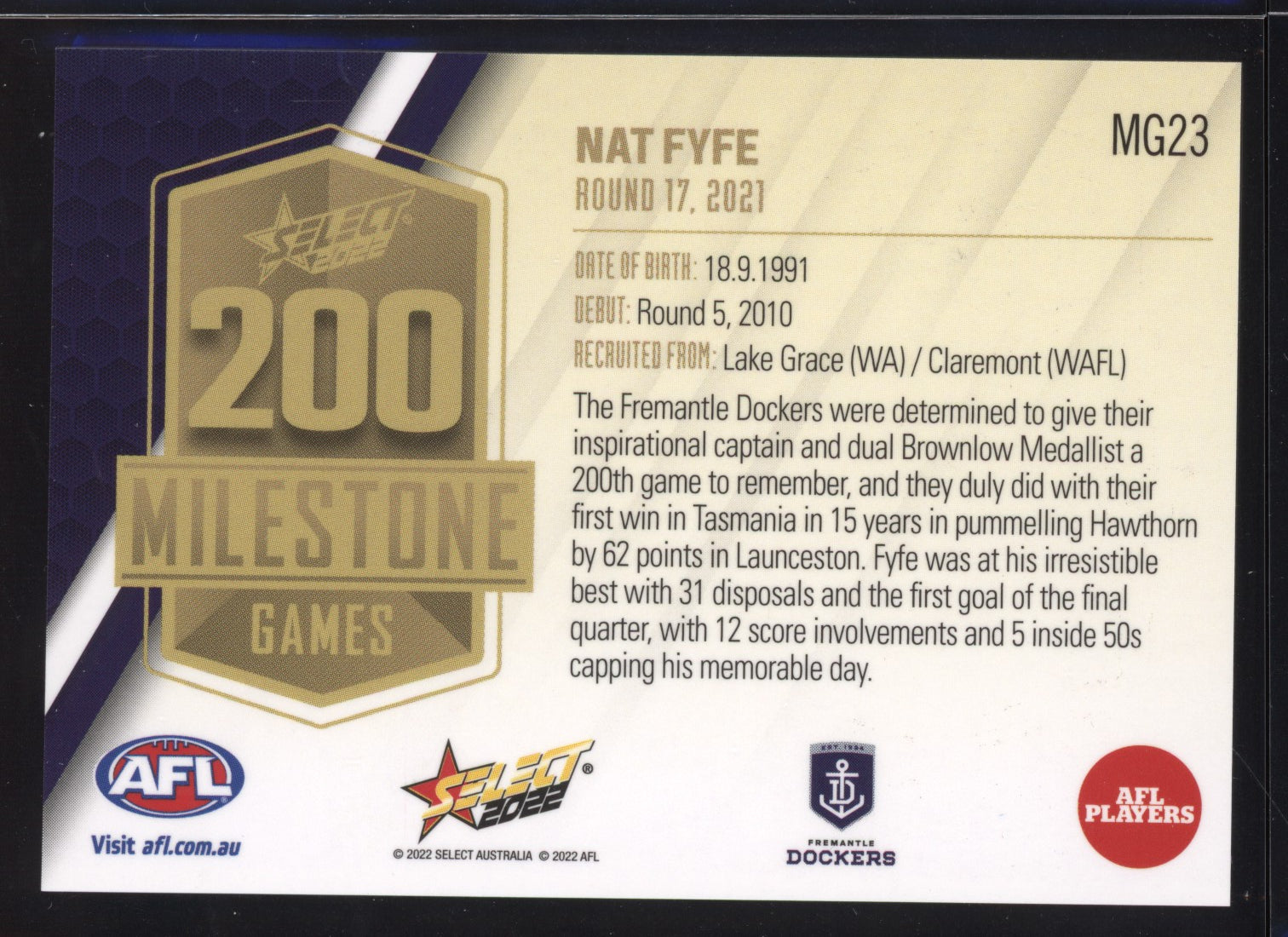 Nat Fyfe 2022 Select Footy Stars 200 Game Milestone