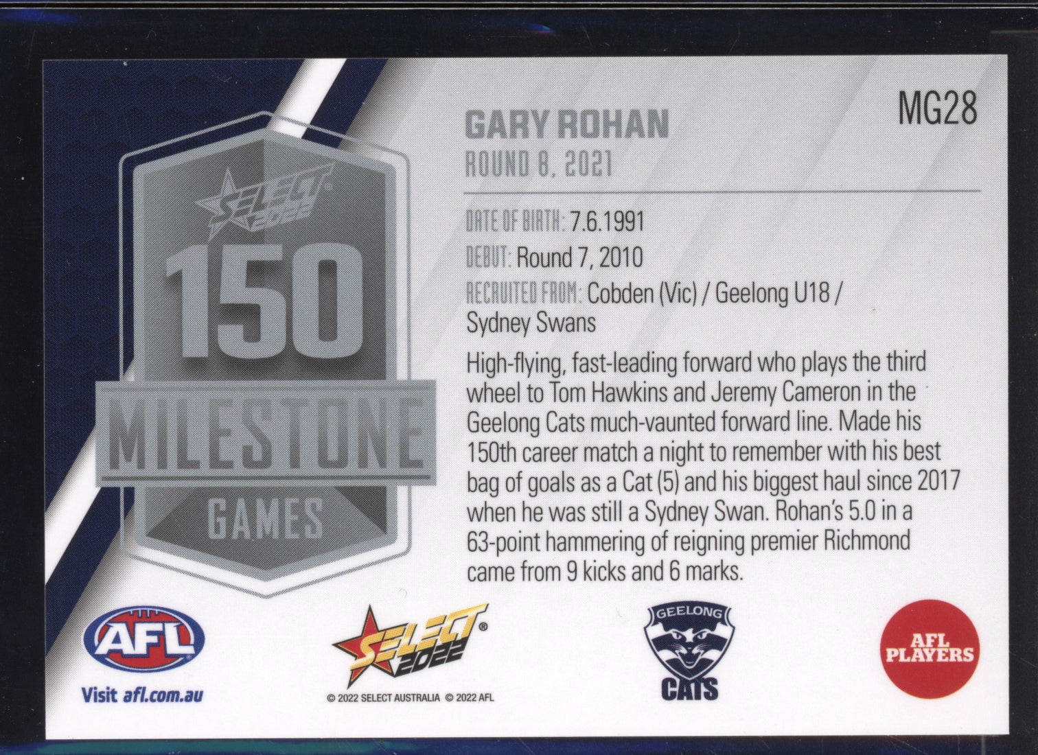 Gary Rohan 2022 Select Footy Stars 150 Game Milestone