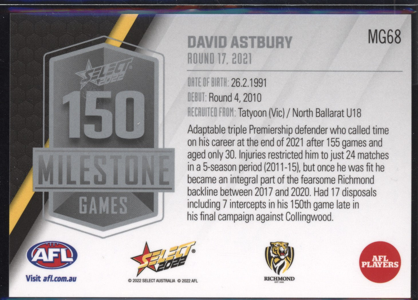 Davis Astbury 2022 Select Footy Stars 150 Game Milestone