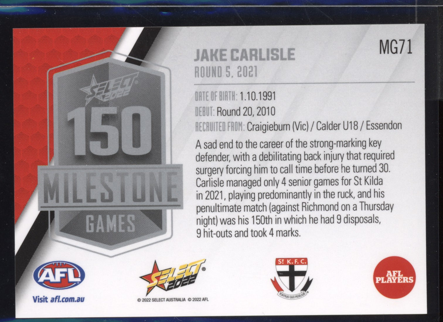 Jake Carlisle 2022 Select Footy Stars 150 Game Milestone