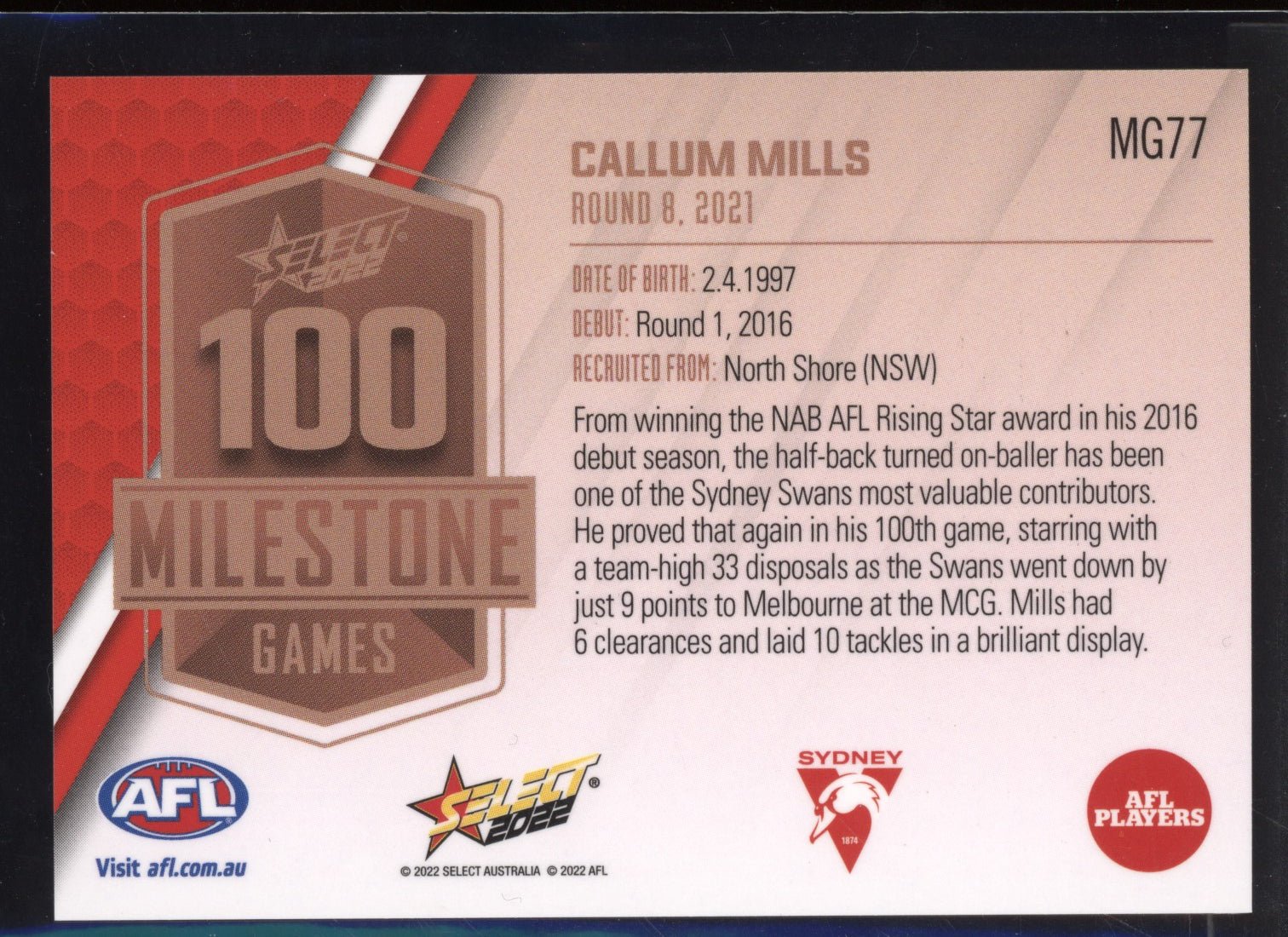 Callum Mills 2022 Select Footy Stars 100 Game Milestone