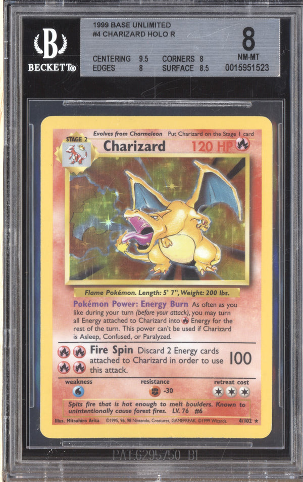 Charizard 1999 Pokemon Base Set 4/102 Unlimited Holo BGS 8 ASR