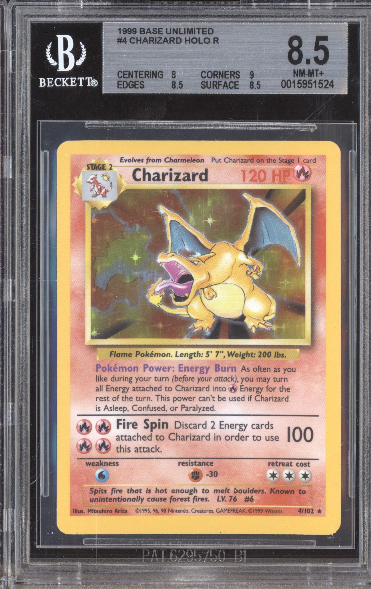 Charizard 1999 Pokemon Base Set 4/102 Unlimited Holo BGS 8.5 ASR