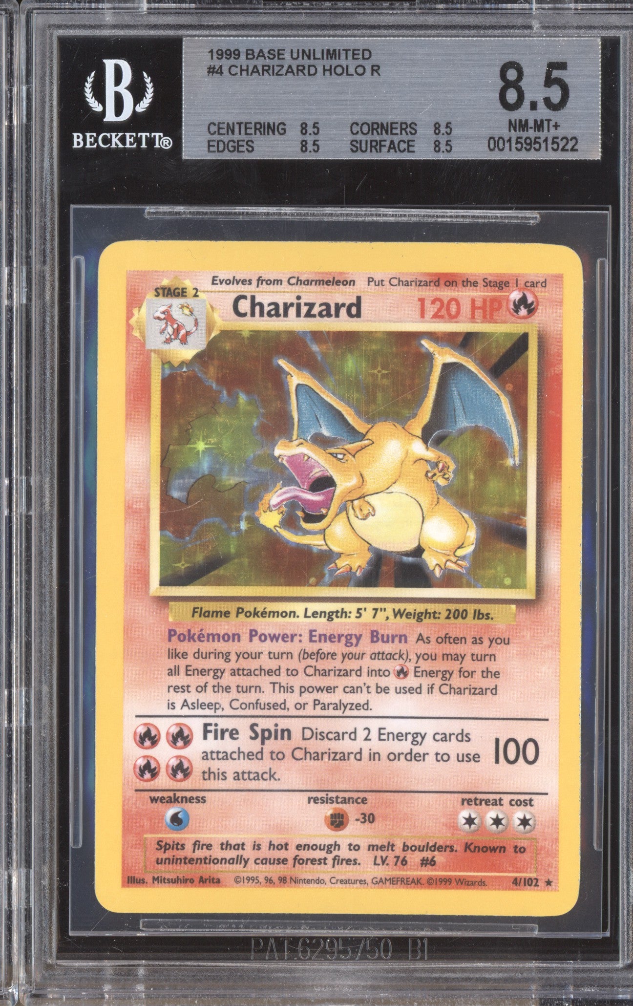 Charizard 1999 Pokemon Base Set 4/102 Unlimited Holo BGS 8.5 ASR