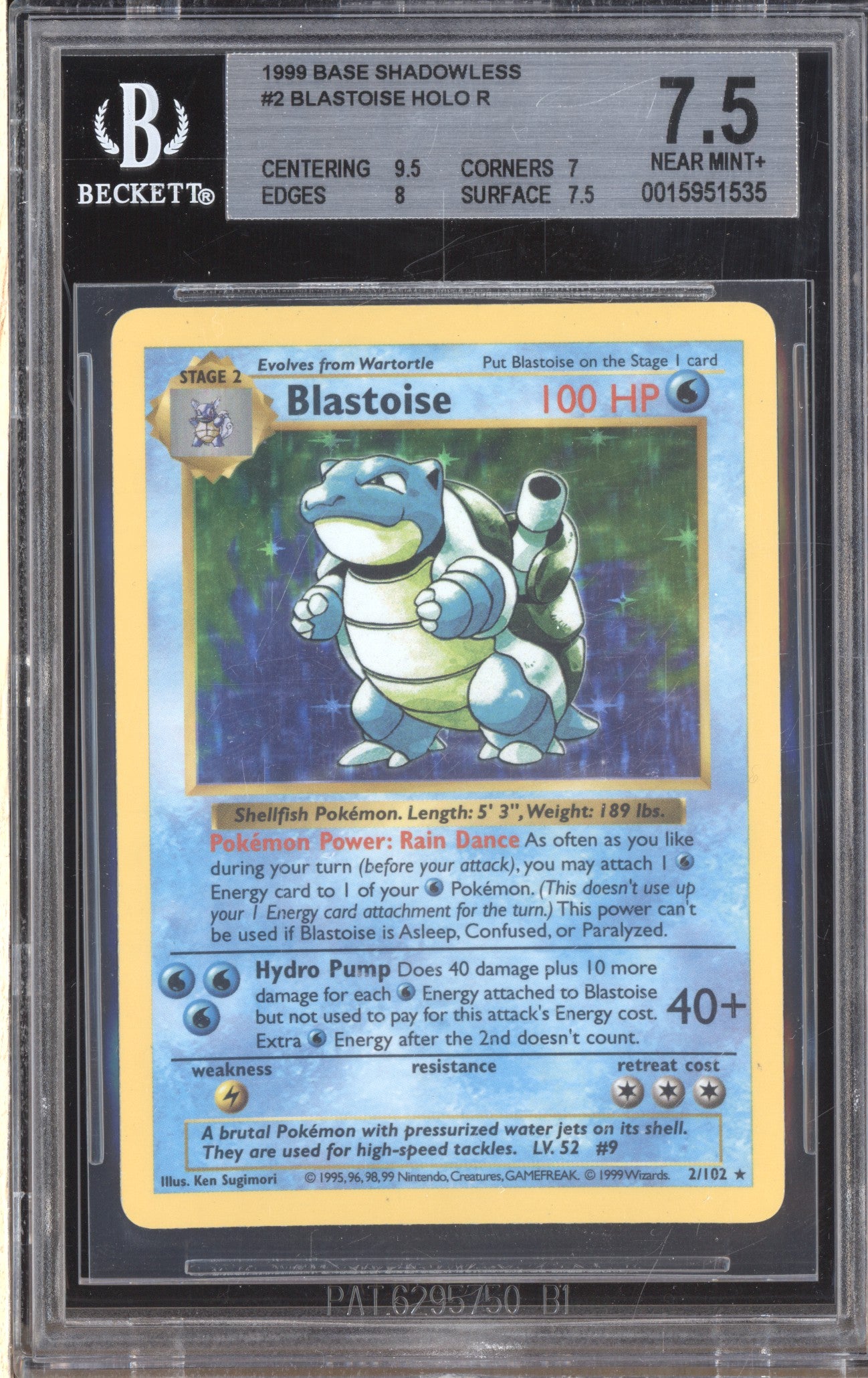 Blastoise 1999 Pokemon Base Set 2/102 Shadowless Holo BGS 7.5 ASR