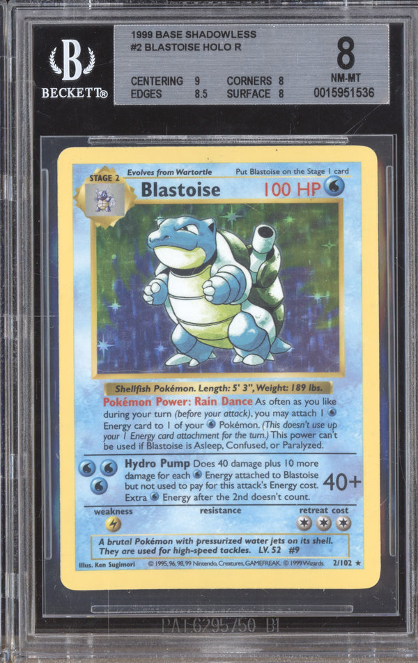 Blastoise 1999 Pokemon Base Set 2/102 Shadowless Holo BGS 8 ASR