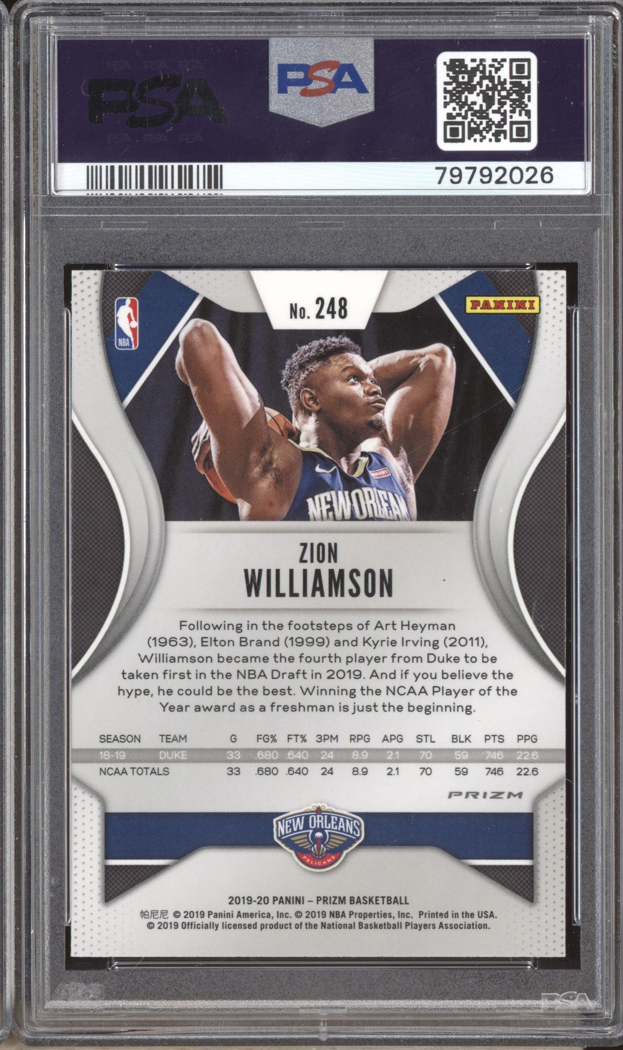 Zion Williamson 2019-20 Panini Prizm 248 Silver RC