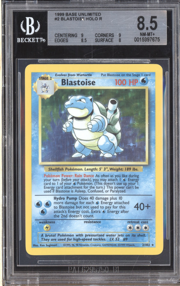 Blastoise 1999 Pokemon Base Set 2/102 Unlimited Holo BGS 8.5 ASR