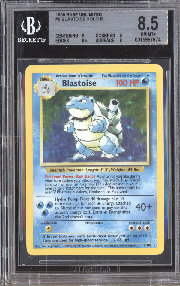 Blastoise 1999 Pokemon Base Set 2/102 Unlimited Holo BGS 8.5 ASR